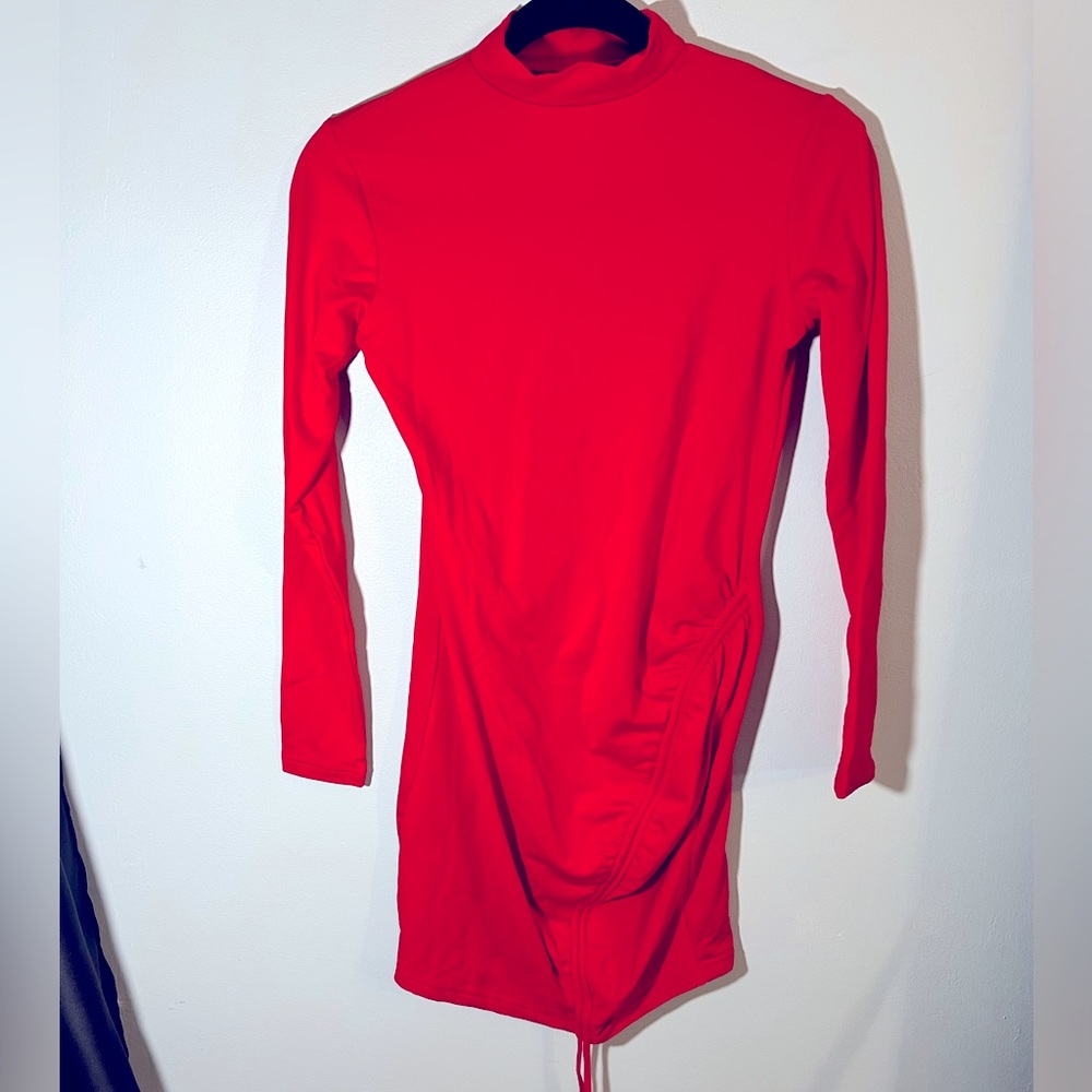 Red Turtleneck Ruched Detail Dress